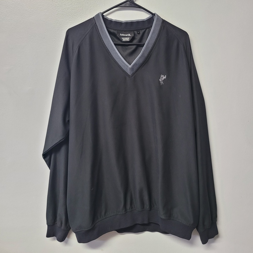 Ashworth Mens V-Neck Golf Windbreaker Pullover Jacket Black Large AM29‎